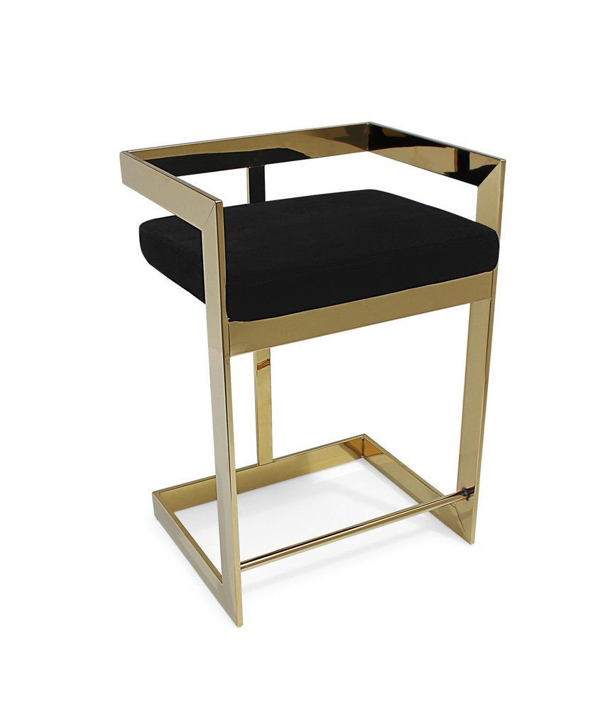 30" Black And Gold Velvet And Steel Low Back Bar Height Bar Chair