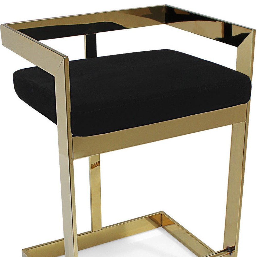 30" Black And Gold Velvet And Steel Low Back Bar Height Bar Chair