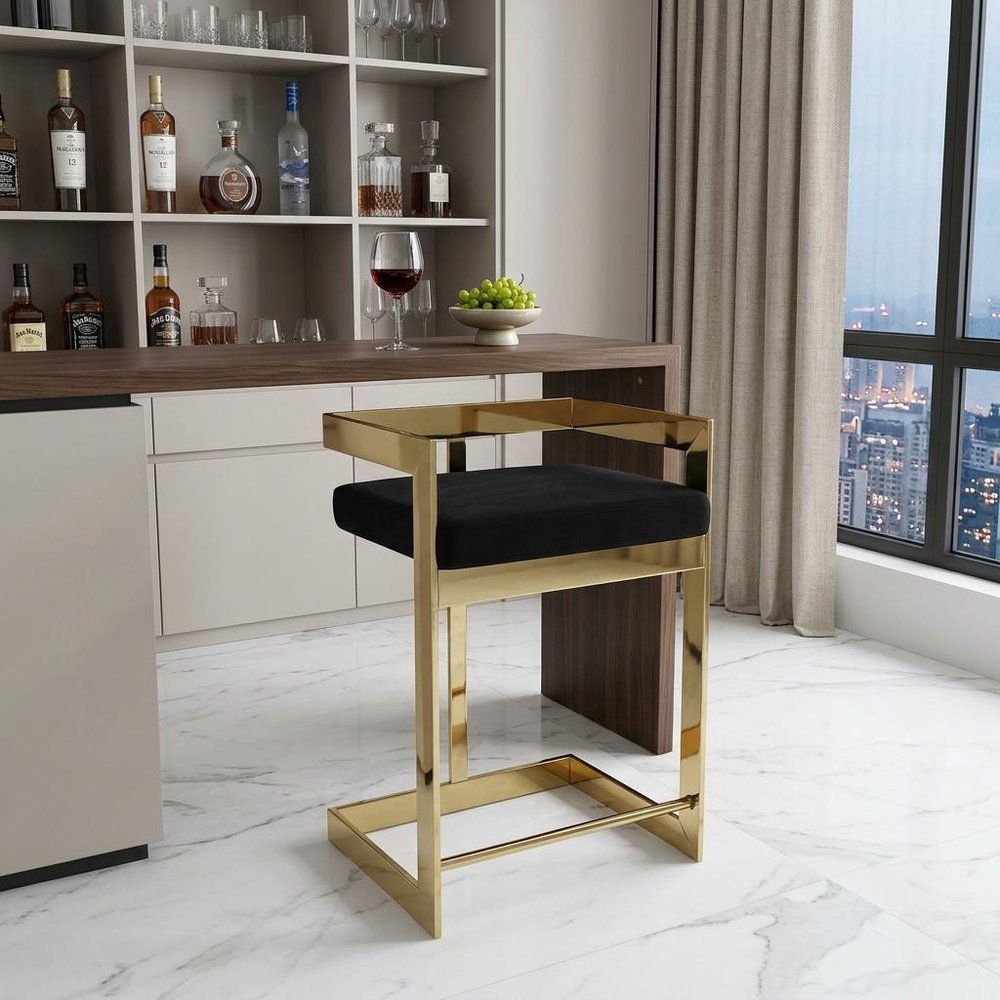 30" Black And Gold Velvet And Steel Low Back Bar Height Bar Chair