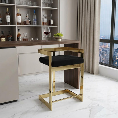 30" Black And Gold Velvet And Steel Low Back Bar Height Bar Chair