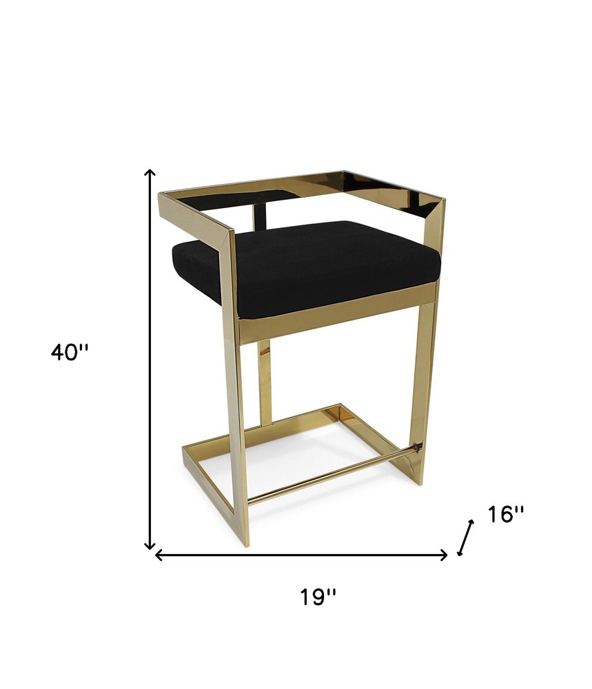 30" Black And Gold Velvet And Steel Low Back Bar Height Bar Chair