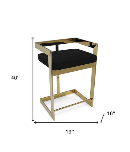 30" Black And Gold Velvet And Steel Low Back Bar Height Bar Chair