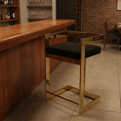 30" Black And Gold Velvet And Steel Low Back Bar Height Bar Chair