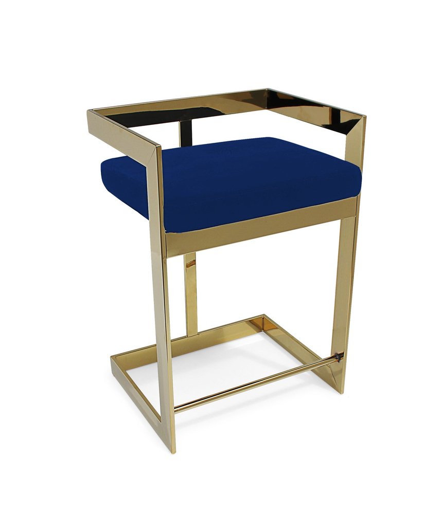 30" Blue And Gold Velvet And Metal Low Back Bar Height Bar Chair