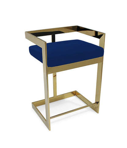 30" Blue And Gold Velvet And Metal Low Back Bar Height Bar Chair