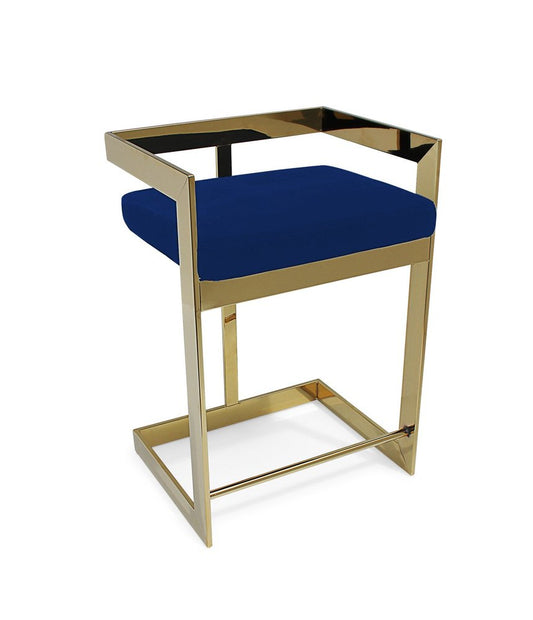 30" Blue And Gold Velvet And Metal Low Back Bar Height Bar Chair