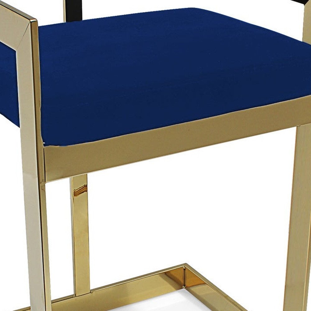 30" Blue And Gold Velvet And Metal Low Back Bar Height Bar Chair