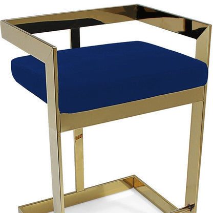 30" Blue And Gold Velvet And Metal Low Back Bar Height Bar Chair