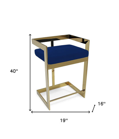 30" Blue And Gold Velvet And Metal Low Back Bar Height Bar Chair
