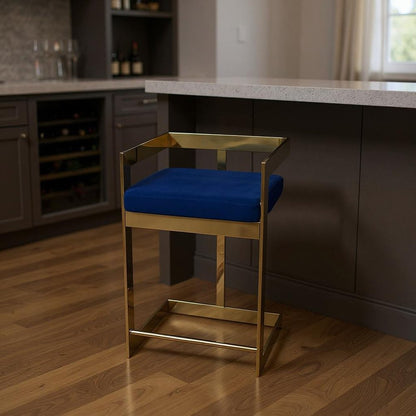 30" Blue And Gold Velvet And Metal Low Back Bar Height Bar Chair