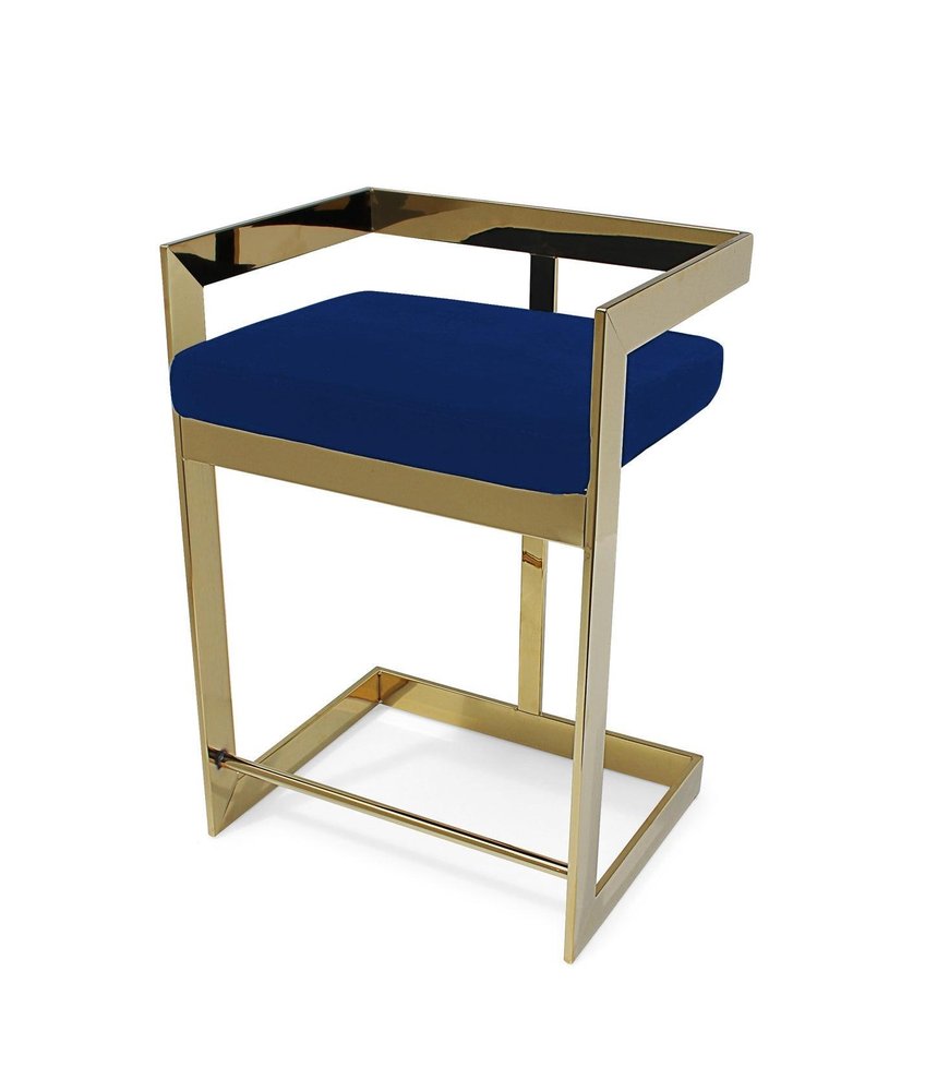 30" Blue And Gold Velvet And Metal Low Back Bar Height Bar Chair