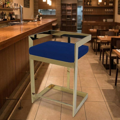 30" Blue And Gold Velvet And Metal Low Back Bar Height Bar Chair
