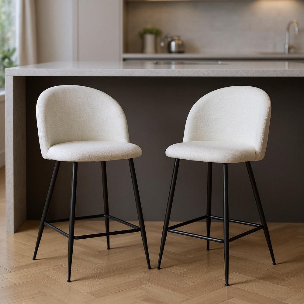 Set of Two 26" White And Black Fabric And Metal Low Back Counter Height Bar Chairs