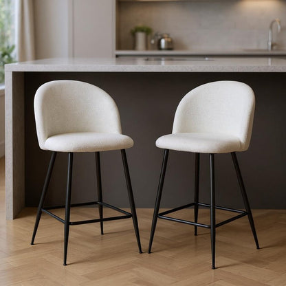 Set of Two 26" White And Black Fabric And Metal Low Back Counter Height Bar Chairs