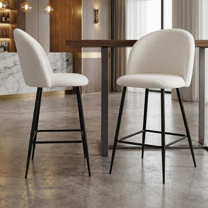 Set of Two 26" White And Black Fabric And Metal Low Back Counter Height Bar Chairs