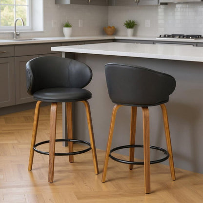 Set of Two 26" Black And Brown Faux Leather And Solid Wood Low Back Counter Height Bar Chairs