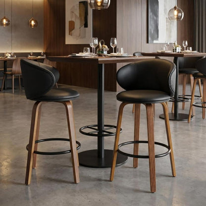 Set of Two 26" Black And Brown Faux Leather And Solid Wood Low Back Counter Height Bar Chairs
