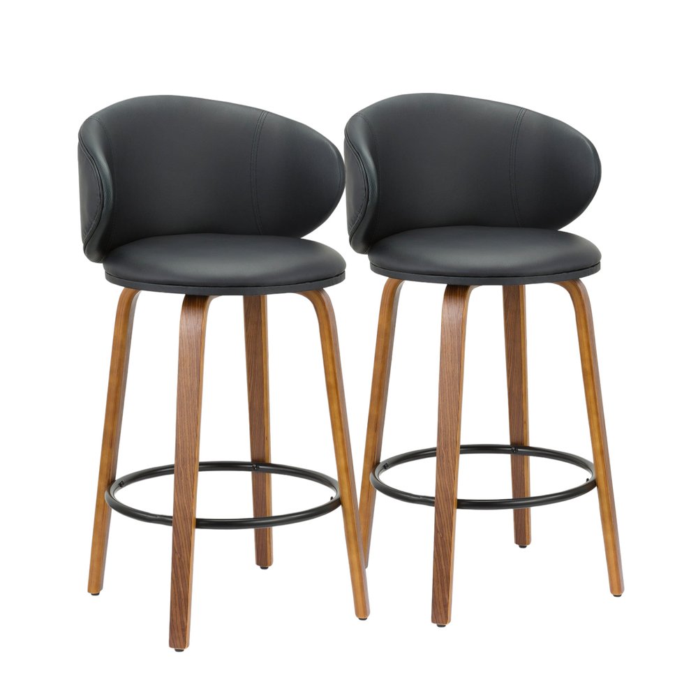 Set of Two 26" Black And Brown Faux Leather And Solid Wood Low Back Counter Height Bar Chairs