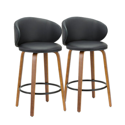 Set of Two 26" Black And Brown Faux Leather And Solid Wood Low Back Counter Height Bar Chairs