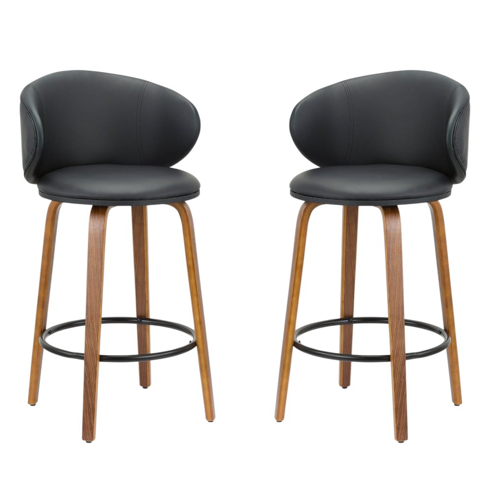 Set of Two 26" Black And Brown Faux Leather And Solid Wood Low Back Counter Height Bar Chairs