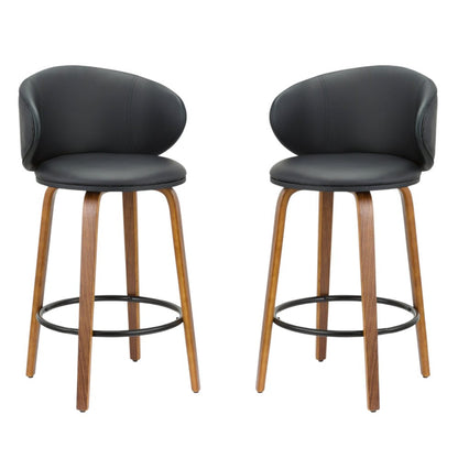 Set of Two 26" Black And Brown Faux Leather And Solid Wood Low Back Counter Height Bar Chairs