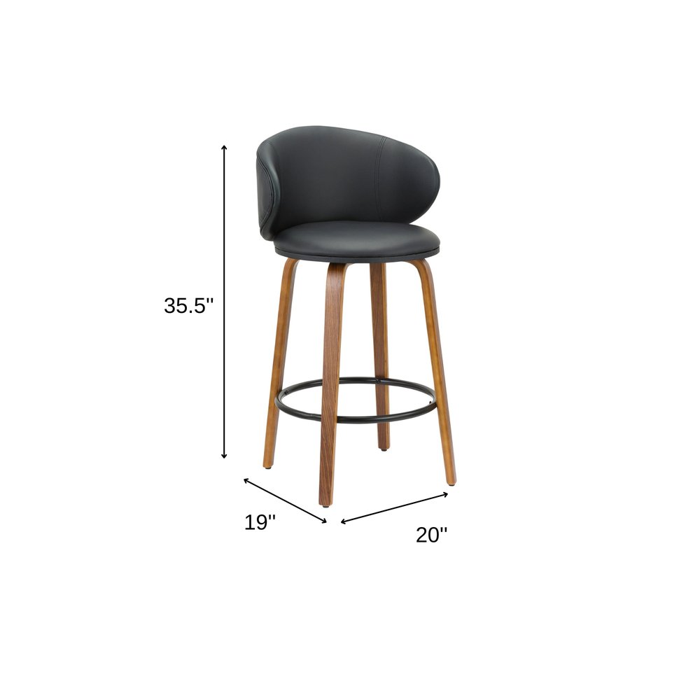 Set of Two 26" Black And Brown Faux Leather And Solid Wood Low Back Counter Height Bar Chairs