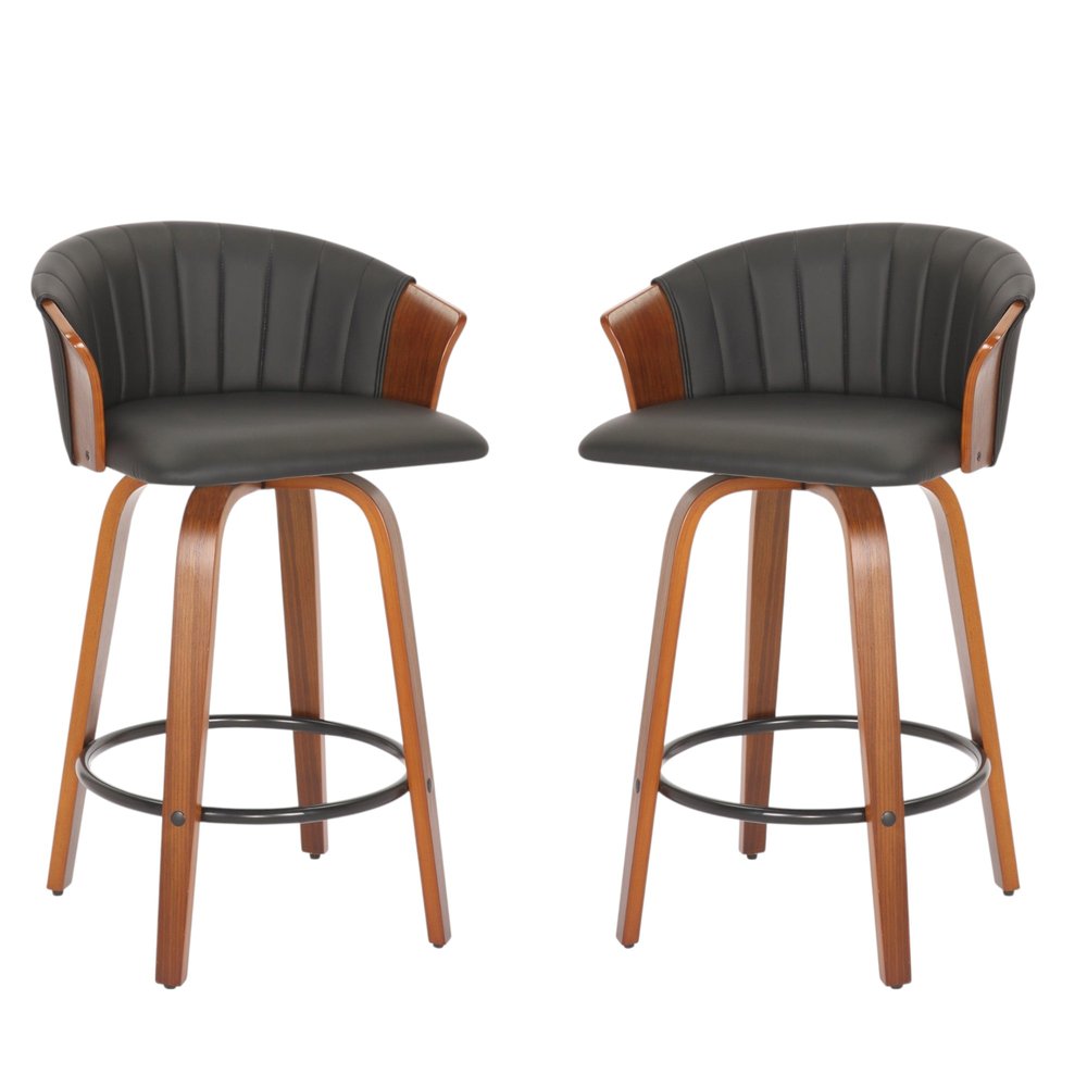 Set of Two 26" Black And Brown Faux Leather And Solid Wood Low Back Counter Height Bar Chairs