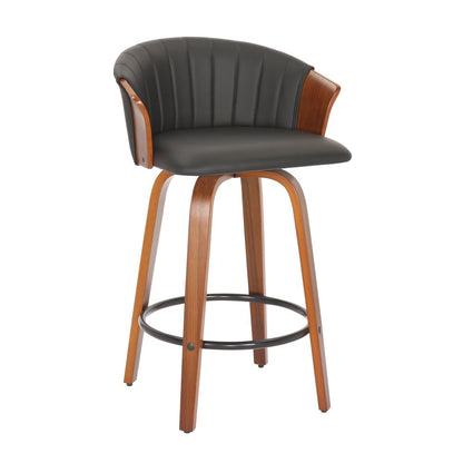 Set of Two 26" Black And Brown Faux Leather And Solid Wood Low Back Counter Height Bar Chairs