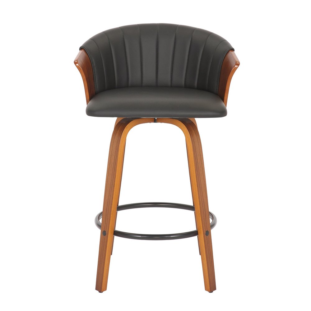 Set of Two 26" Black And Brown Faux Leather And Solid Wood Low Back Counter Height Bar Chairs