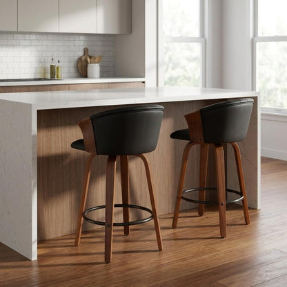 Set of Two 26" Black And Brown Faux Leather And Solid Wood Low Back Counter Height Bar Chairs