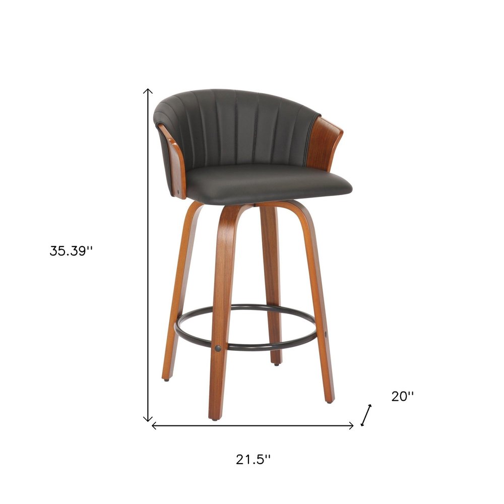 Set of Two 26" Black And Brown Faux Leather And Solid Wood Low Back Counter Height Bar Chairs