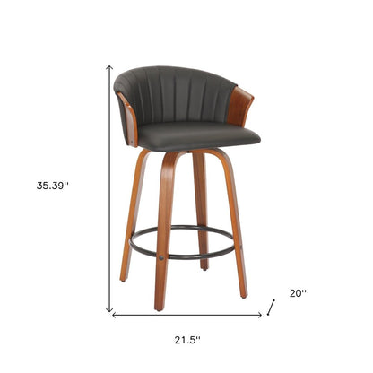 Set of Two 26" Black And Brown Faux Leather And Solid Wood Low Back Counter Height Bar Chairs