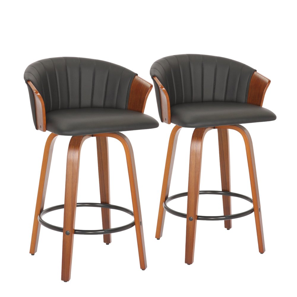 Set of Two 26" Black And Brown Faux Leather And Solid Wood Low Back Counter Height Bar Chairs