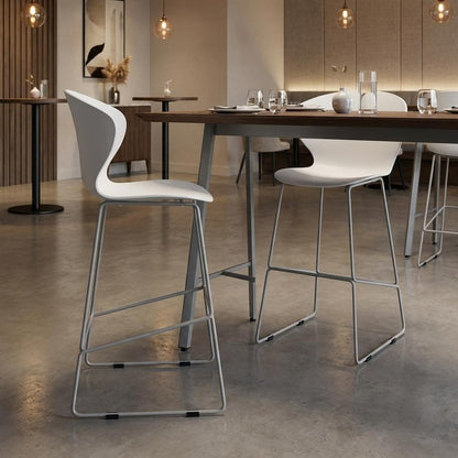 Set of Two 26" White And Silver Heavy Duty Plastic And Metal Low Back Counter Height Bar Chairs