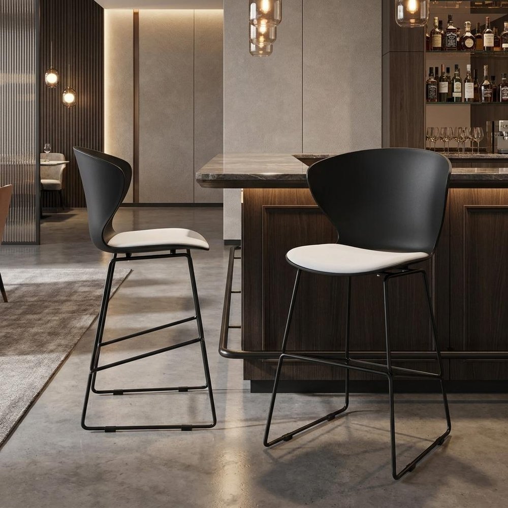 Set of Two 30" Black Heavy Duty Plastic And Metal Low Back Bar Height Bar Chairs