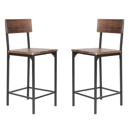 Set of Two 25" Brown And Black Solid Wood And Metal Counter Height Bar Chairs