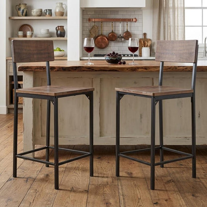 Set of Two 25" Brown And Black Solid Wood And Metal Counter Height Bar Chairs