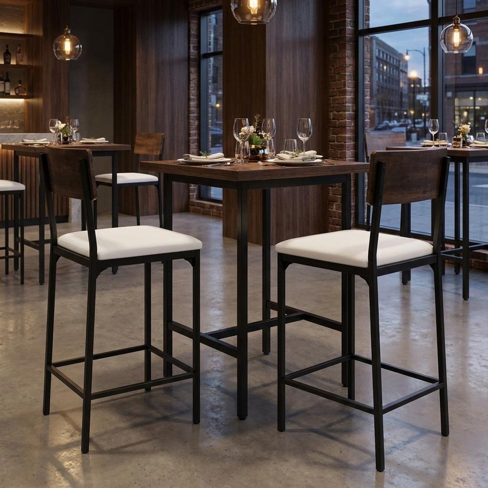 Set of Two 25" Brown And Black Solid Wood And Metal Counter Height Bar Chairs