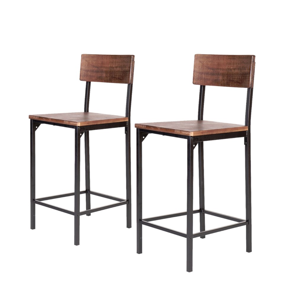 Set of Two 25" Brown And Black Solid Wood And Metal Counter Height Bar Chairs