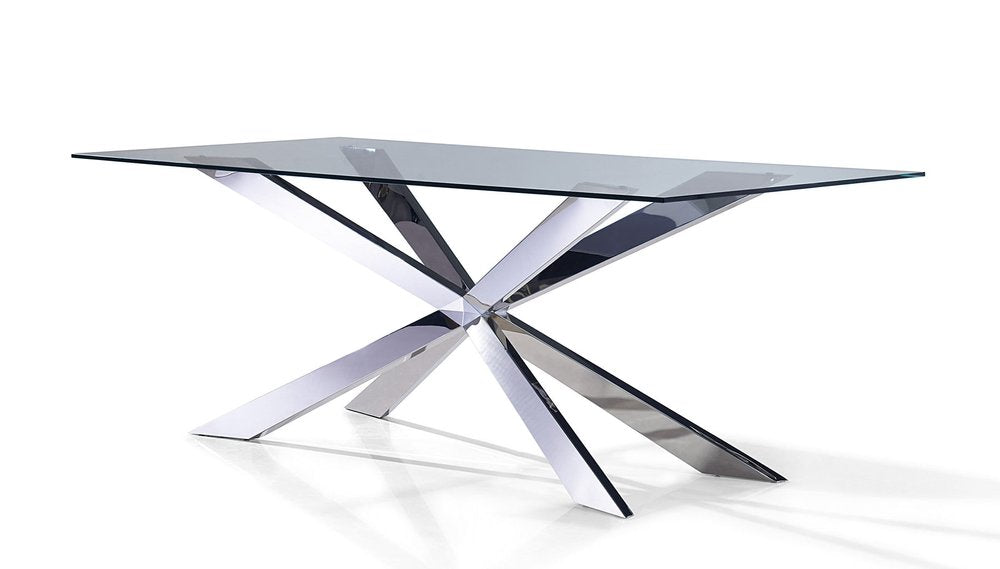 72" Clear and Silver Glass and Metal Cross Leg Base Dining Table