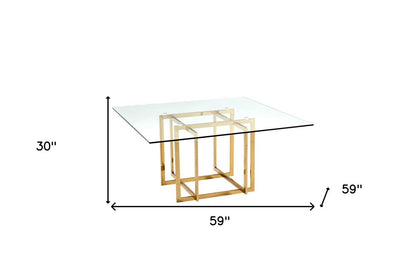 59" Clear and Silver Glass and Metal Pedestal Base Square Dining Table