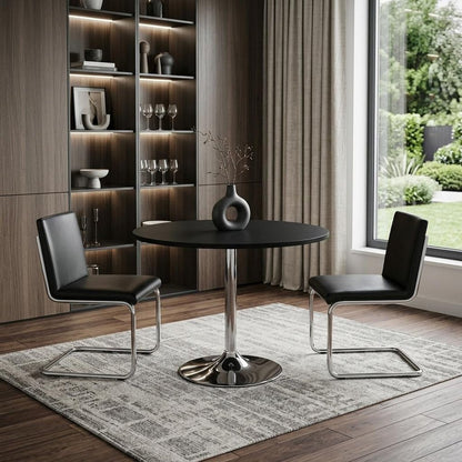 36" Black and Silver Wood and Metal Pedestal Base Round Top Dining Table