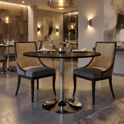 36" Black and Silver Wood and Metal Pedestal Base Round Top Dining Table