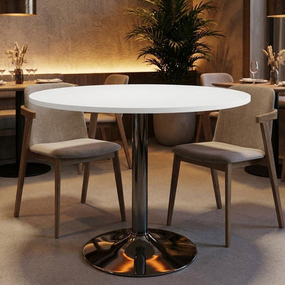 36" White and Silver Wood and Metal Pedestal Base Round Top Dining Table