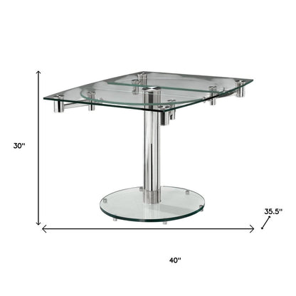 40" Clear and Silver Glass and Metal Self-Storing Leaf Motion Extendable Dining Table