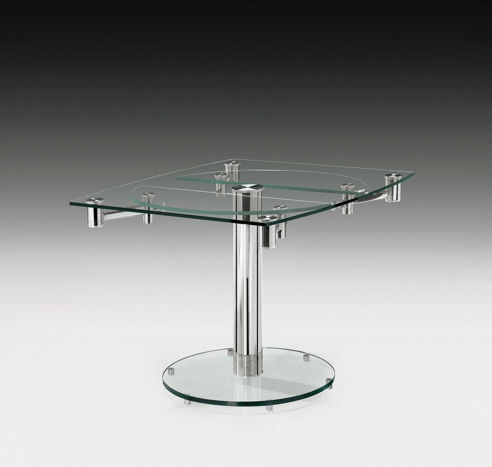 50" Clear And Silver Glass And Stainless Steel Self-Storing Leaf Pedestal Base Extendable Dining Table