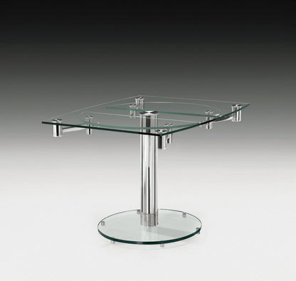 50" Clear And Silver Glass And Stainless Steel Self-Storing Leaf Pedestal Base Extendable Dining Table