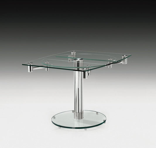 50" Clear And Silver Glass And Stainless Steel Self-Storing Leaf Pedestal Base Extendable Dining Table