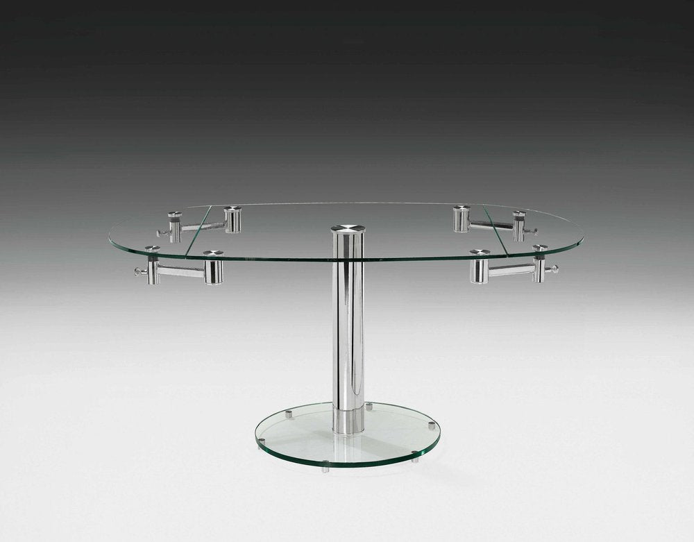 50" Clear And Silver Glass And Stainless Steel Self-Storing Leaf Pedestal Base Extendable Dining Table