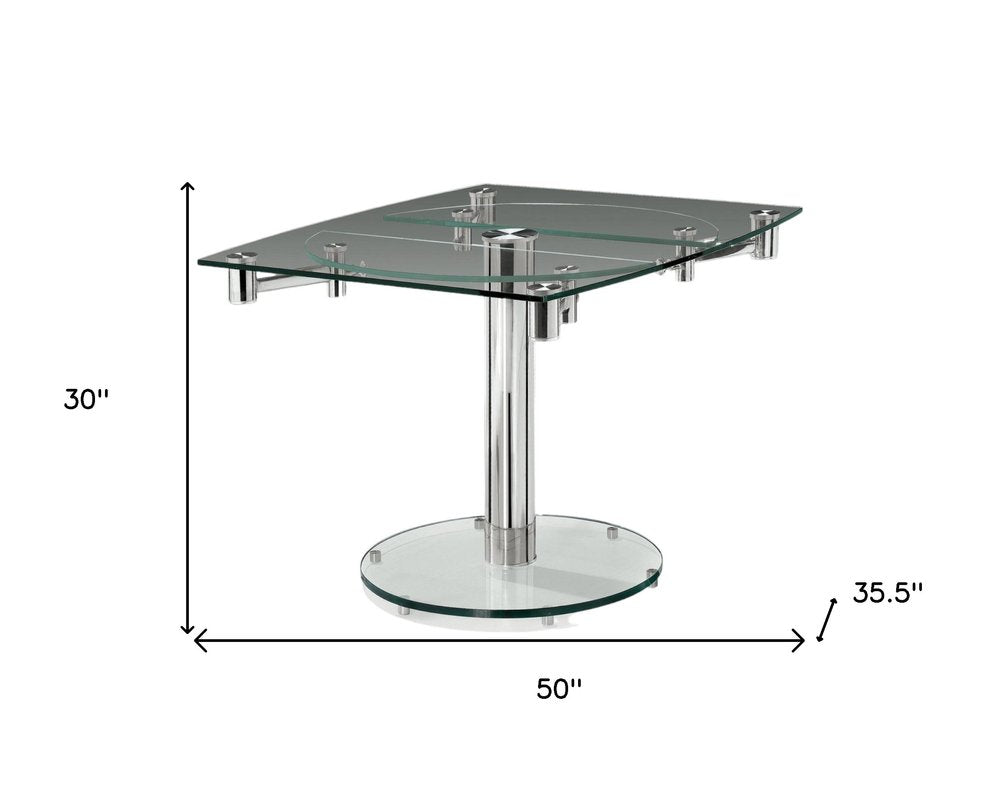 50" Clear And Silver Glass And Stainless Steel Self-Storing Leaf Pedestal Base Extendable Dining Table